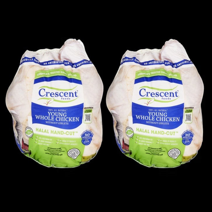 Crescent Foods Halal Hand-Cut Young Whole Chicken Without Giblets, 3 lbs, 2 ct (6lbs)