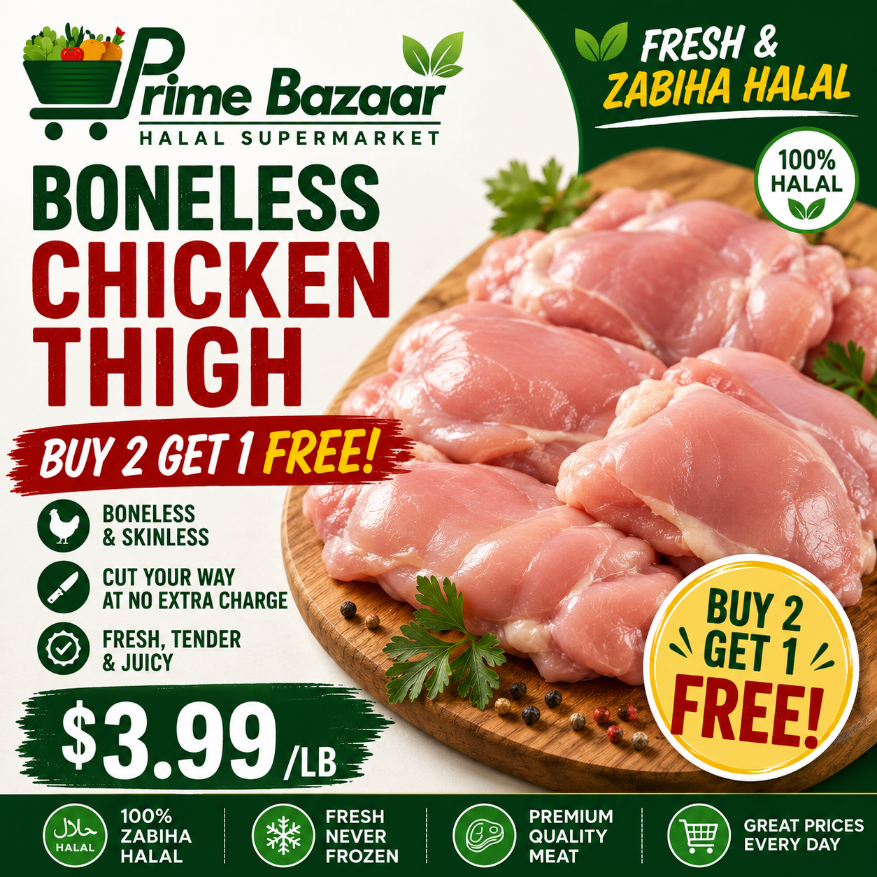 Zabiha Chicken Thigh Boneless - Buy 2 Get 1 Free