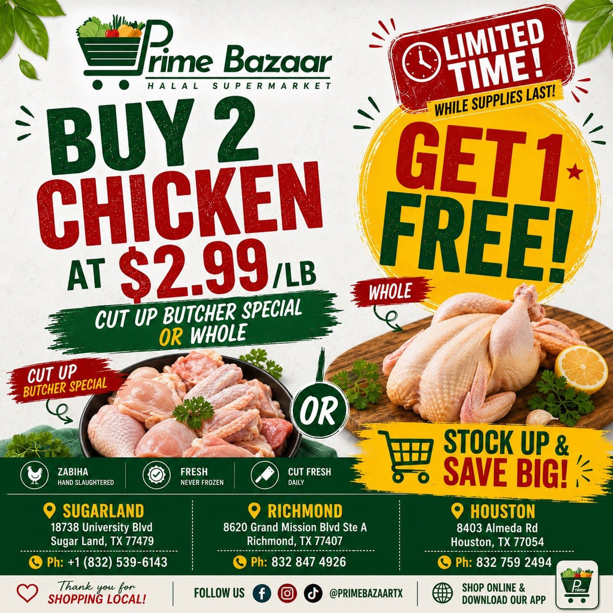 Fresh Zabiha Halal Whole Chicken – Buy 2 Get 1 Free