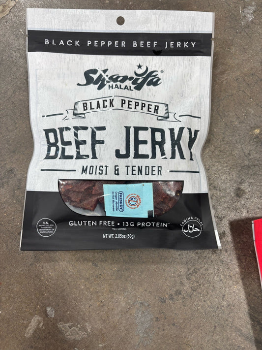 Sharifa Halal Black Pepper Beef Jerky – Moist & Tender, High Protein, Gluten Free (2.85 oz / 80g)