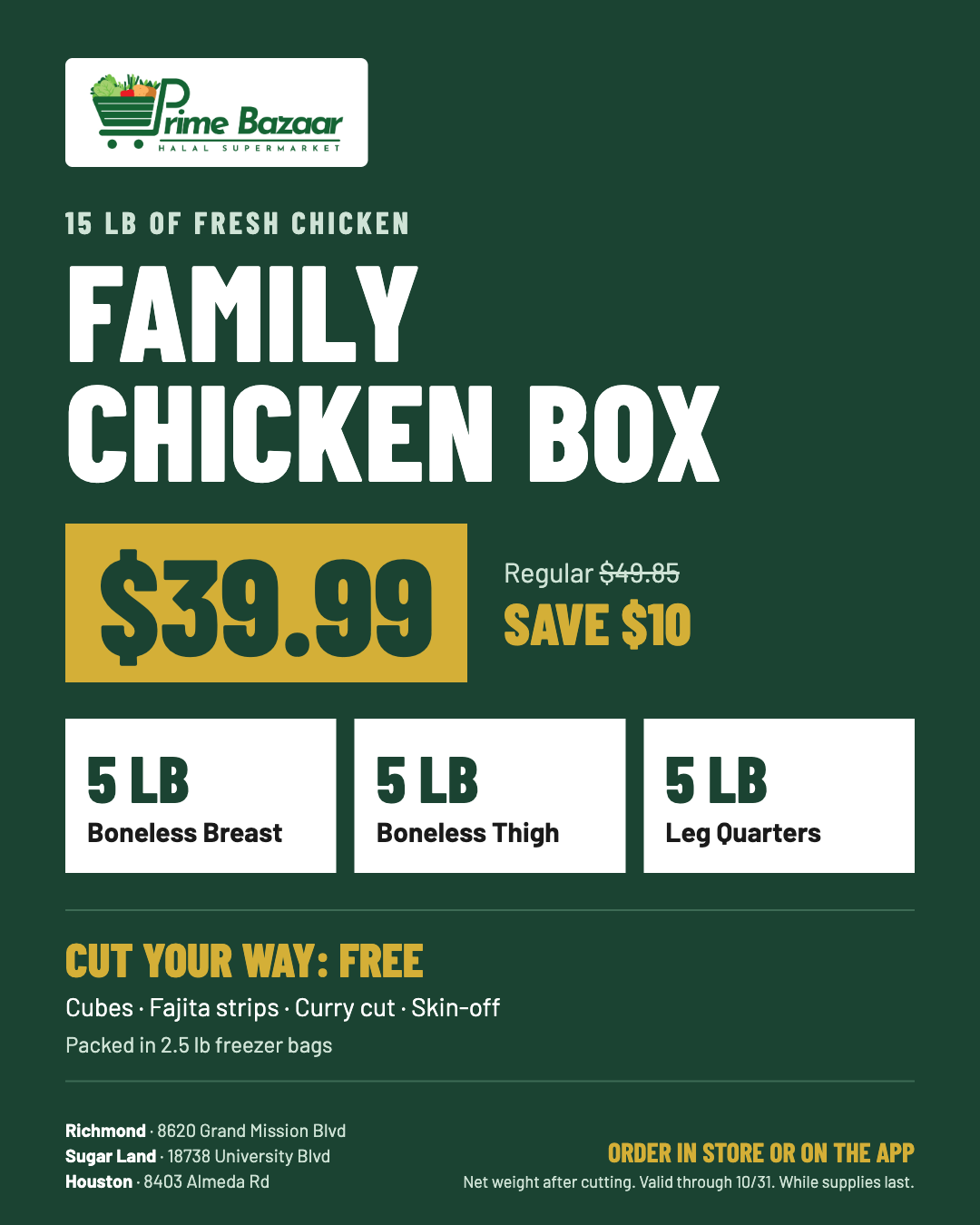 Fresh Zabiha Halal Family Chicken Box – 15 lb | Custom Cut